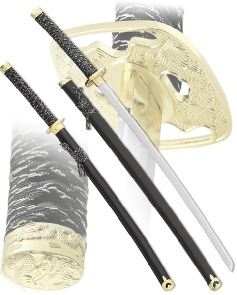 Набор самурайских мечей, 2 шт. Ножны черные D-50024-BK-YL-KA-WA - фото 199856