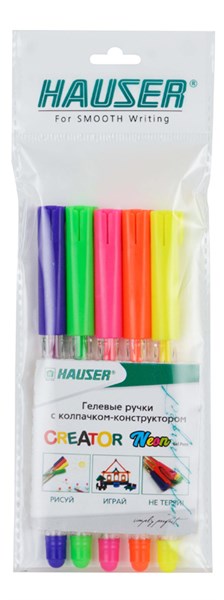 Набор: Гелевая ручка Hauser Creator Neon, чернила неоновых цветов - 5шт, пакет - фото 258097