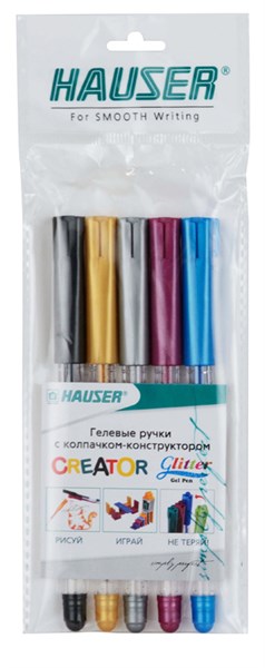 Набор: Гелевая ручка Hauser Creator Glitter Gel, чернила с блестками - 5шт, пакет - фото 258099