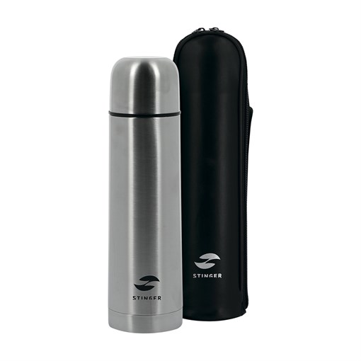 Термос Stinger с чехлом, 0,5 л, узкий, сталь, искусств. кожа, серебристый, чехол - чёрный - фото 259257