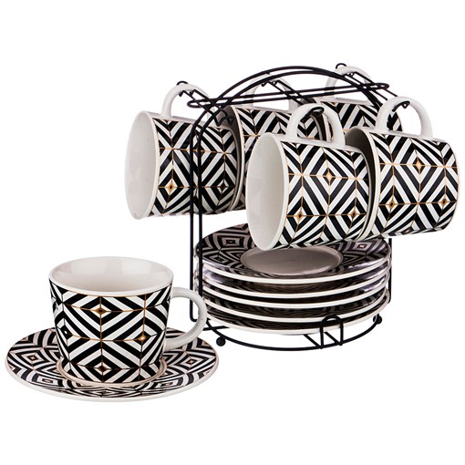 Чайный набор на 6 персон 12 пр. на подставке коллекция "Black & white" 220 мл - фото 286663