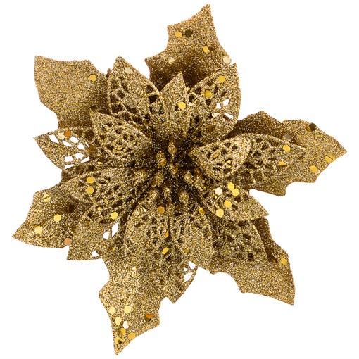 Цветок декоративный с прищепкой  "Пуансеттия" цвет: золото с блестками 11 см без упаковки (кор=320 ш - фото 287095