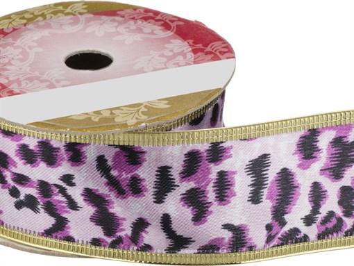 Лента с золотой каймой леопард - сиреневый 4 см - фото 289233