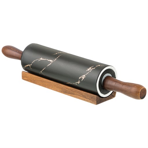 Скалка с деревянными ручками на подставке  коллекция "Золотой мрамор" цвет: black 40,6*6,5*6,5 см - фото 293121