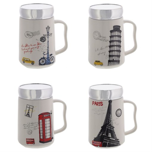 Кружка с крышкой, 500 мл, L12 W9 H14 см, 4в. - фото 329398