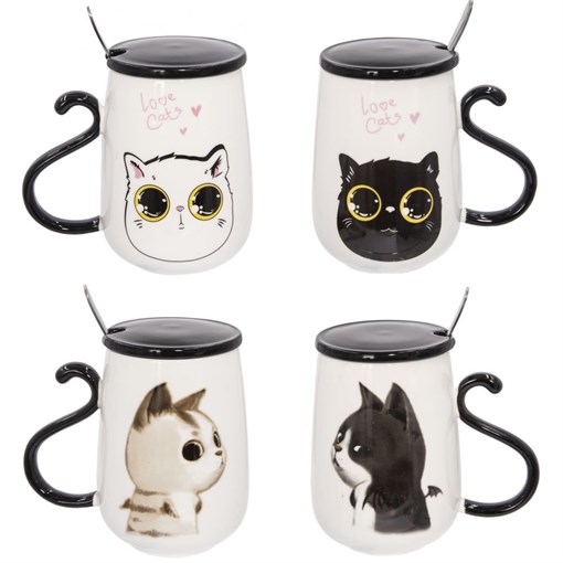 Кружка с крышкой и ложкой, 500 мл, L13 W9 H12,5 см, 4в. - фото 329878