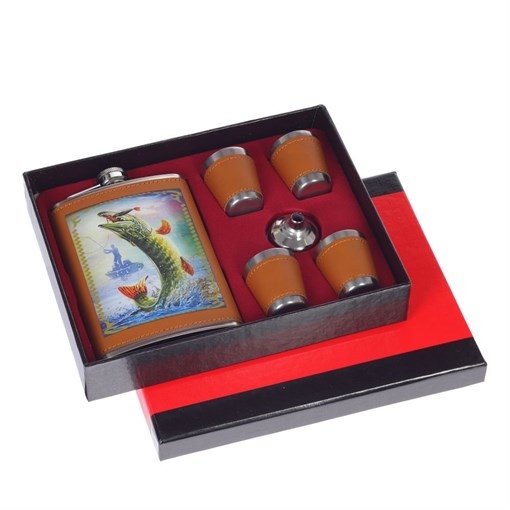 Набор из 6-ти предм.: фляжка 250 мл, 4 стопки, воронка,  L22 W17,5 H4,5 см - фото 329935