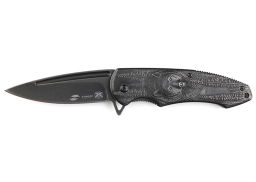 Нож складной Stinger, 82 мм (чёрный), рукоять: сталь (чёрный с медведем), картонная коробка - фото 357287