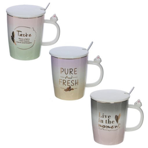 Кружка с крышкой и ложкой, 400 мл, L13 W9 H13 см, 4в. - фото 379915