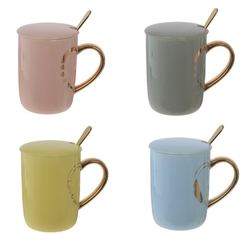 Кружка с крышкой и ложкой, 400 мл, L12 W9 H14 см, 4в. - фото 379952