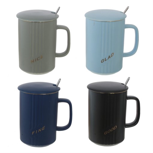 Кружка с крышкой и ложкой, 400 мл, L11 W8 H13 см, 4в. - фото 379962