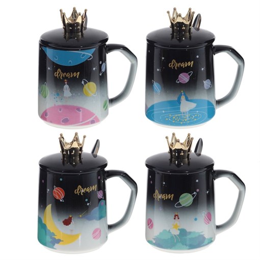 Кружка с крышкой и ложкой, 450 мл, L12 W9 H10,5 см, 4в. - фото 383534