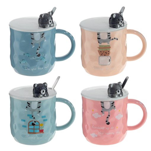 Кружка с крышкой и ложкой, 450 мл, L13 W9 H12 см, 4в. - фото 383579