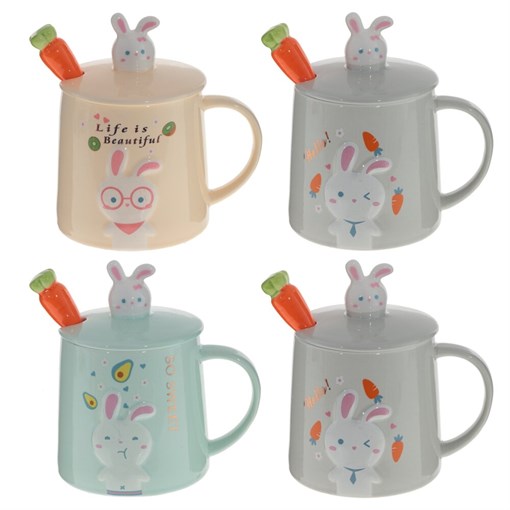 Кружка с крышкой и ложкой, 400 мл, L12,5 W9 H8,5 см, 4в. - фото 383586