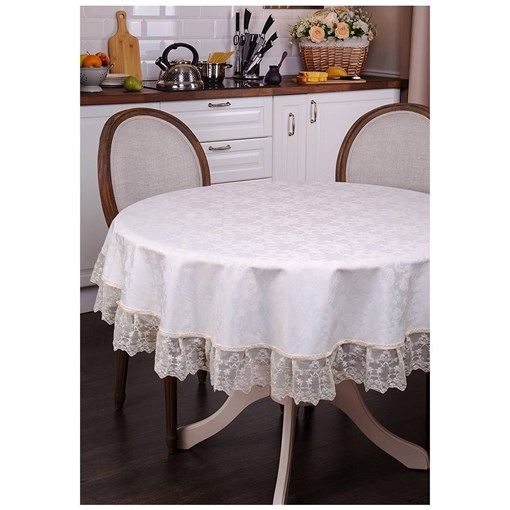Скатерть круглая "Ричард" d 140 см , 100% п/э, с кружевом,шампань,жаккард цветы - фото 391828