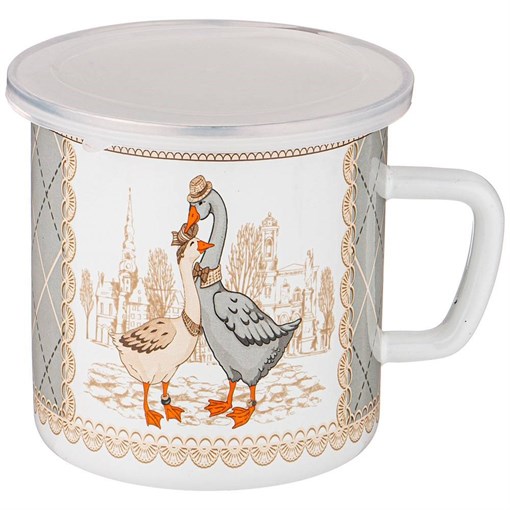 Кружка эмалированная с пластик.крышкой 1250 мл , 12*12 см - фото 394649