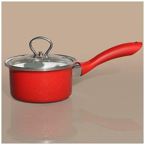 Ковш эмалир. со стекл. крышкой с эффектом металлик серия "Deluxe" цв:красный 1,1 л. 14х8,5 см - фото 396279