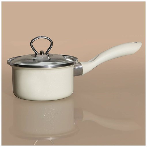 Ковш эмалир. со стекл. крышкой с эффектом металлик серия "Deluxe" цвет: молочный 1,1 л. 14х8,5 см - фото 396314