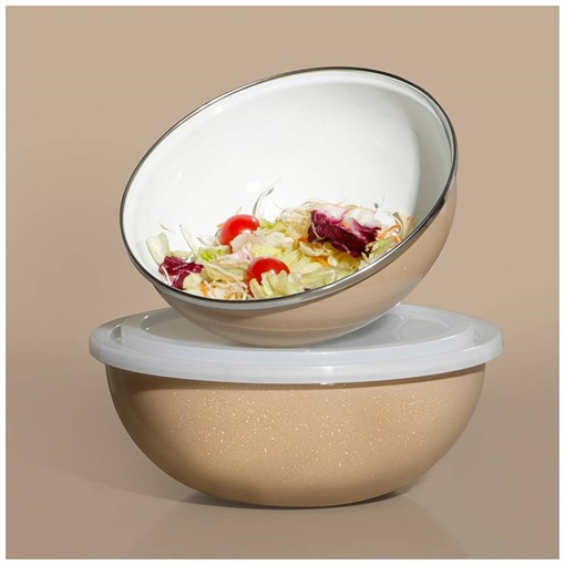 Набор мисок эмалир. с пласт. крышк,с эф-ом металлик серия "Deluxe"цв:кофейный 4пр. 1.7/3,0л. 20/24 с - фото 396346