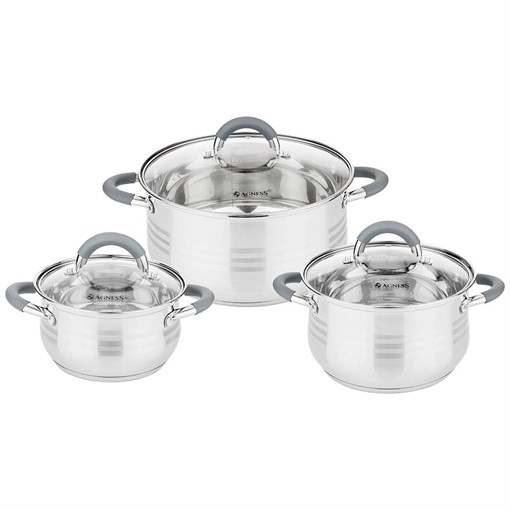 Набор кастрюль agness со стекл.крышками 6пр. 1,7/3,5/6,5 л. размер 16x9,5/20x12.5/26x13.5 см - фото 396764