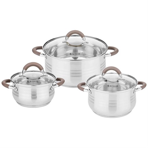 Набор кастрюль agness со стекл.крышками 6пр.1,7/3,5/6,5 л. размер 16x9,5/20x12.5/26x13.5 см - фото 396767