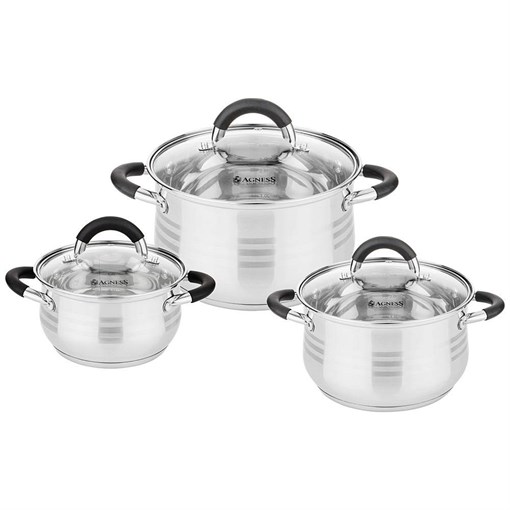 Набор кастрюль agness со стекл.крышками 6пр.1,7/2,6/3,5 л. размер 16x9,5/18x11,5/20x12.5 см - фото 396770