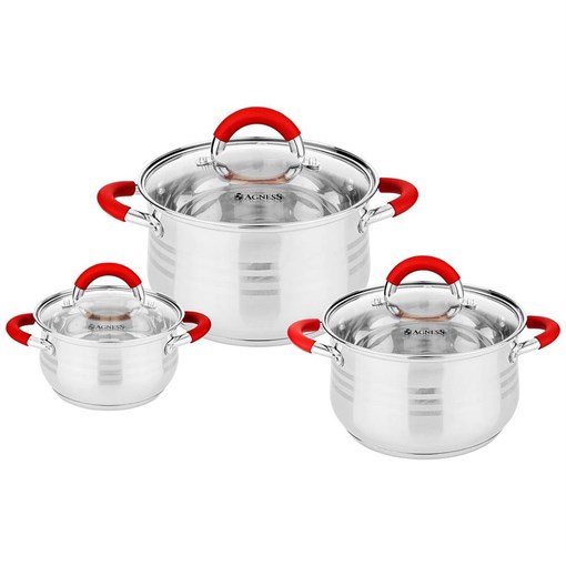 Набор кастрюль agness со стекл.крышками 6пр.1,7/2,6/3,5 л. размер 16x9,5/18x11,5/20x12.5 см - фото 396773
