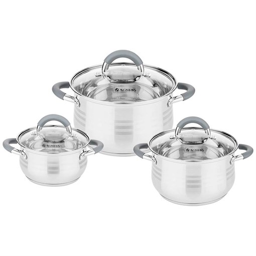 Набор кастрюль agness со стекл.крышками 6пр.1,7/2,6/3,5 л. размер 16x9,5/18x11,5/20x12.5 см - фото 396776