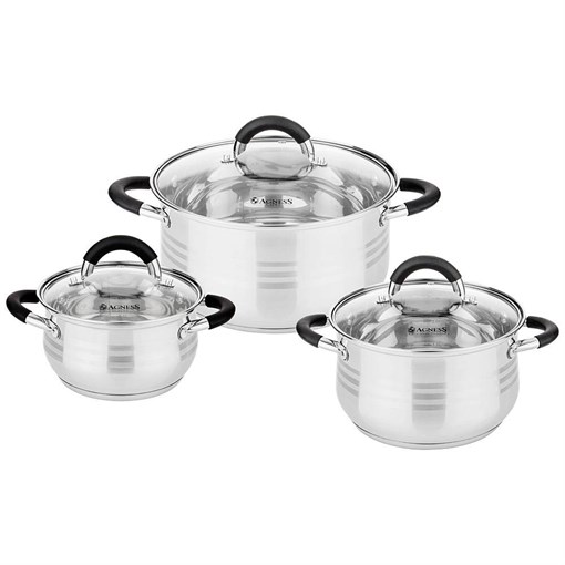 Набор кастрюль agness со стекл.крышками 6пр.1,7/3,5/5,5 л. размер 16x9,5/20x12.5/ 24x13.5 см - фото 396779