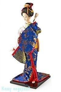 Кукла декоративная "Гейша с вером", h=40 см, синее кимоно - фото 50385