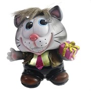 Копилка Котик с подарком (серый чуб)L14W11.5H15.5см
