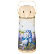 Термос agness "Синие коты" со стеклянной колбой и помпой 1.9 л