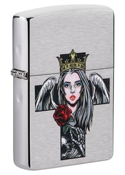 Зажигалка ZIPPO Cross, Queen & Skull с покрытием Brushed Chrome, серебристая, 38x13x57 мм - фото 354383