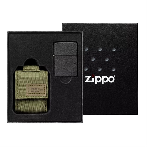Набор ZIPPO: чёрная зажигалка Black Crackle® и зелёный нейлоновый чехол, в подарочной коробке - фото 354451