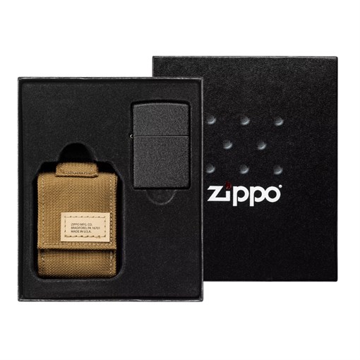 Набор ZIPPO: чёрная зажигалка Black Crackle® и коричневый нейлоновый чехол, в подарочной коробке - фото 354458