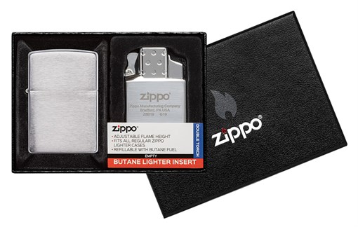 Набор ZIPPO: зажигалка 200 с покрытием Brushed Chrome и газовый вставной блок с двойным пламенем - фото 356634